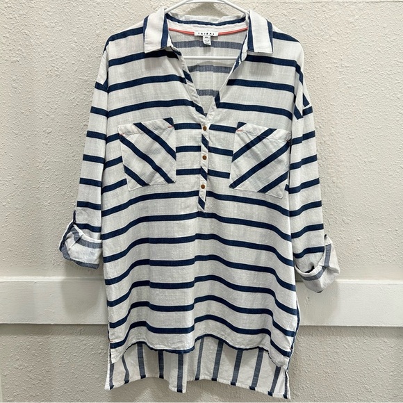 Tribal White and Blue Stripe Cotton 3/4 Sleeve Tab Half Button Down Top Size L - Picture 3 of 8